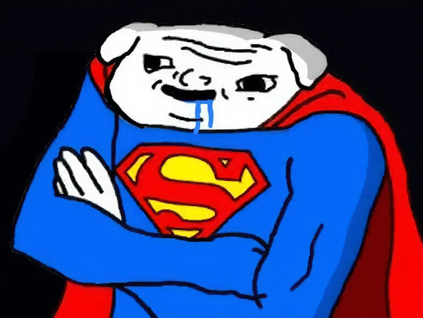 SIR, a smug dog-faced hero in a Superman suit, arms crossed, drooling